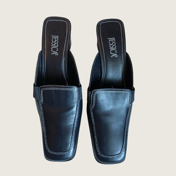 Jessica Navy Leather Square-Toe Shoes Block Heel Mules, Size US 9 - Picture 2 of 8